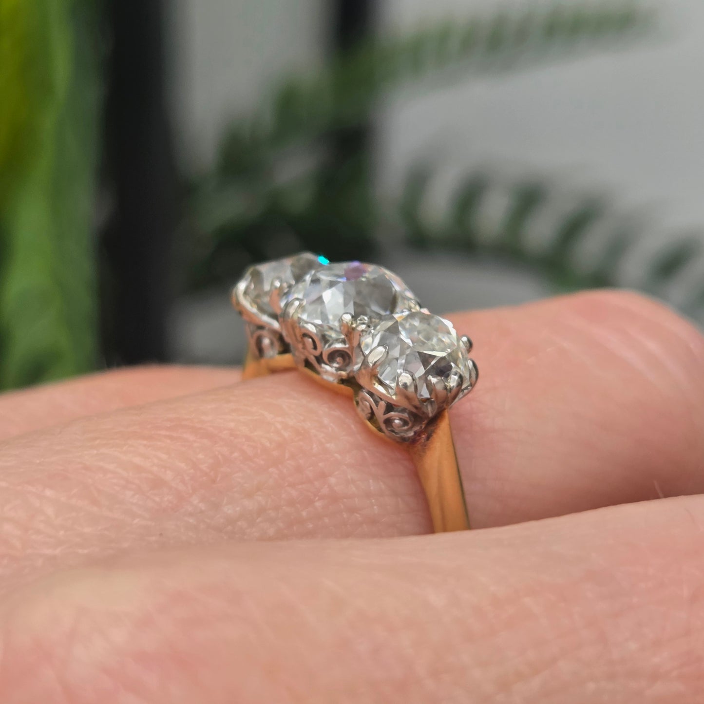 Antique 3.40ct Old Mine Cut Diamond Three Stone Engagement Ring