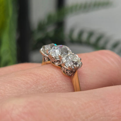 Antique 3.40ct Old Mine Cut Diamond Three Stone Engagement Ring