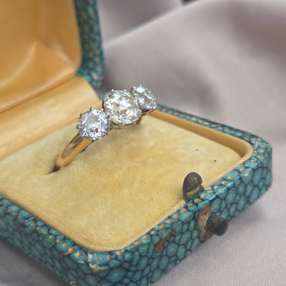 Antique Vintage Art Deco Old European Cut Diamond Trilogy Engagement Ring, 3.20 carats
