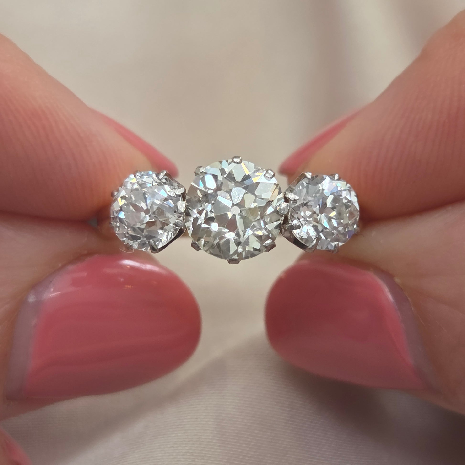 Antique Vintage Art Deco Old European Cut Diamond Trilogy Engagement Ring, 3.20 carats