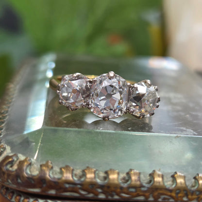 Antique 3.40ct Old Mine Cut Diamond Three Stone Engagement Ring