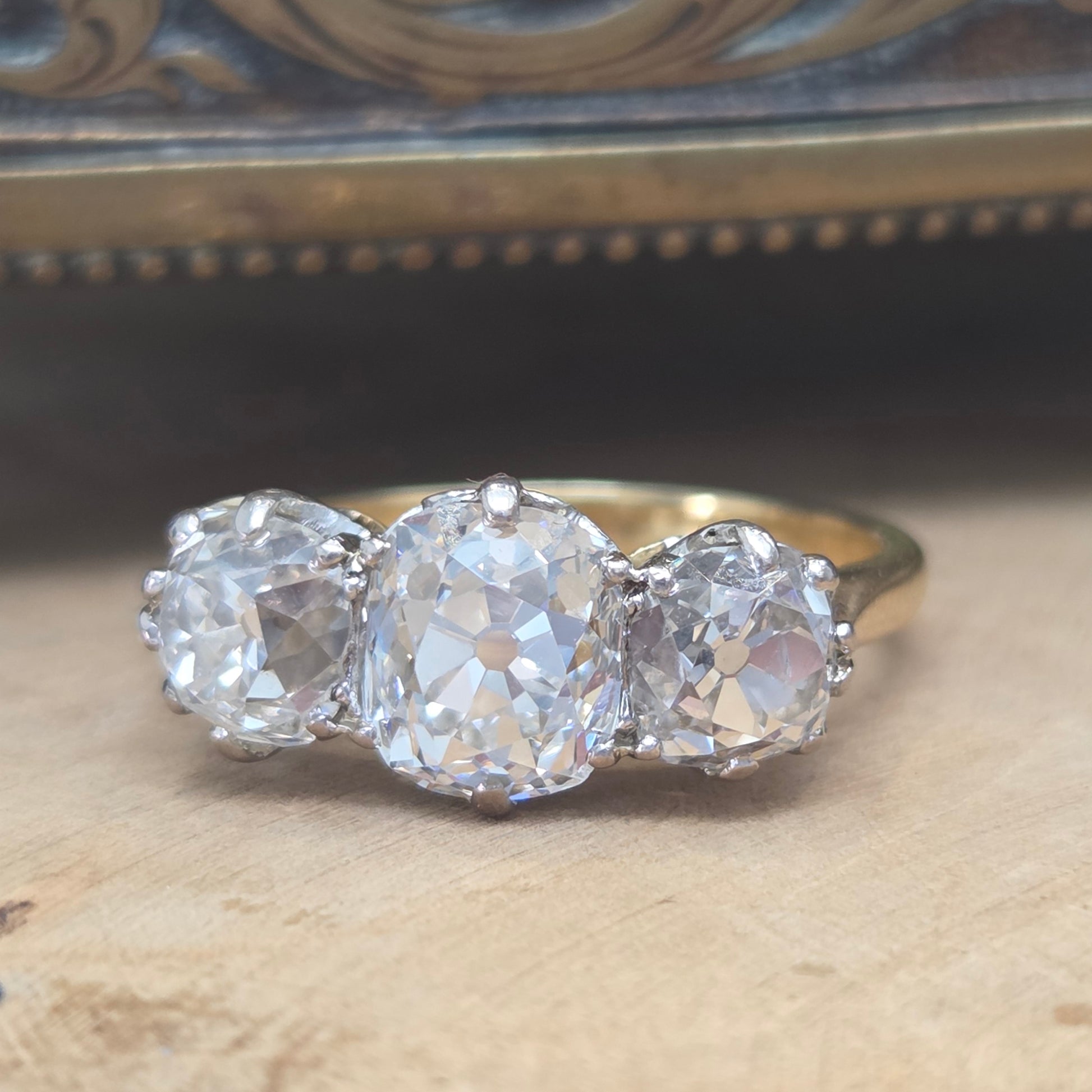 Antique 3.40ct Old Mine Cut Diamond Three Stone Engagement Ring