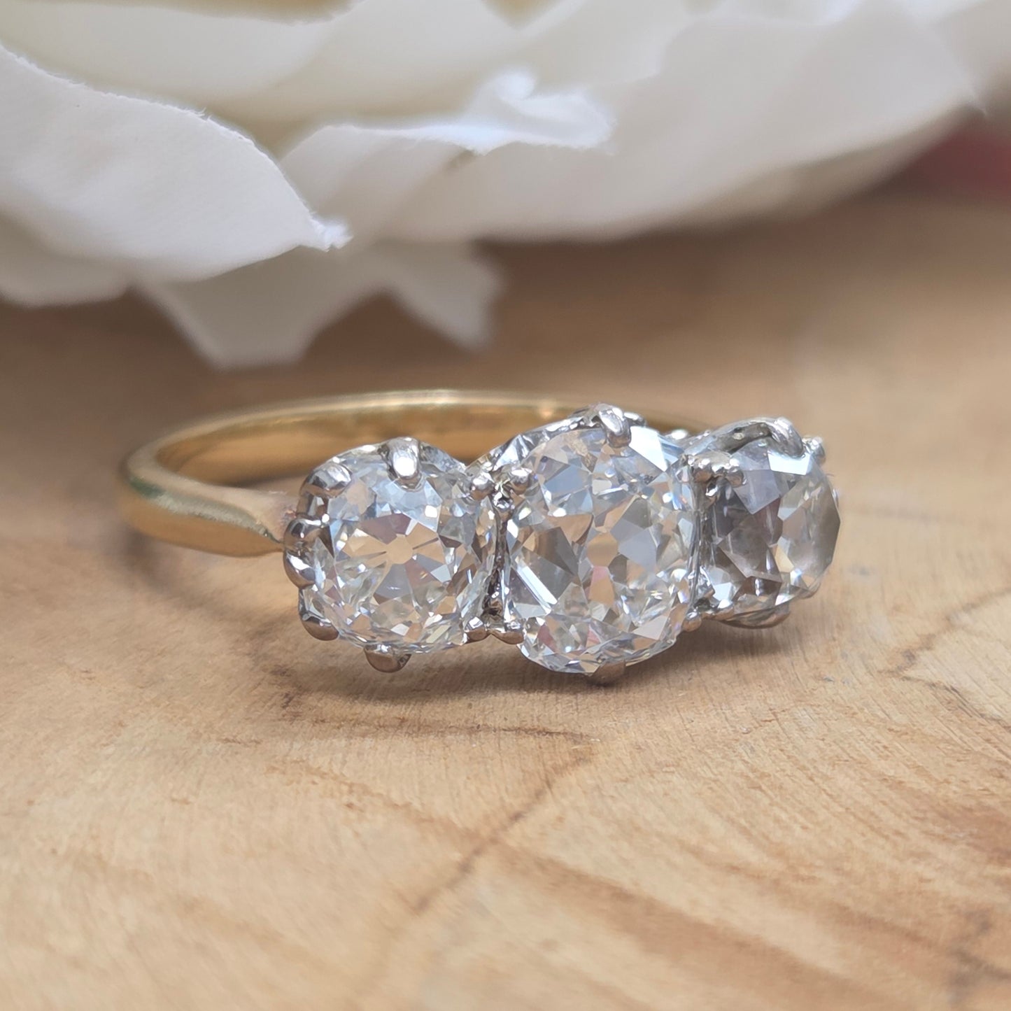 Antique 3.40ct Old Mine Cut Diamond Three Stone Engagement Ring