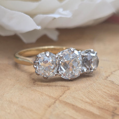 Antique 3.40ct Old Mine Cut Diamond Three Stone Engagement Ring
