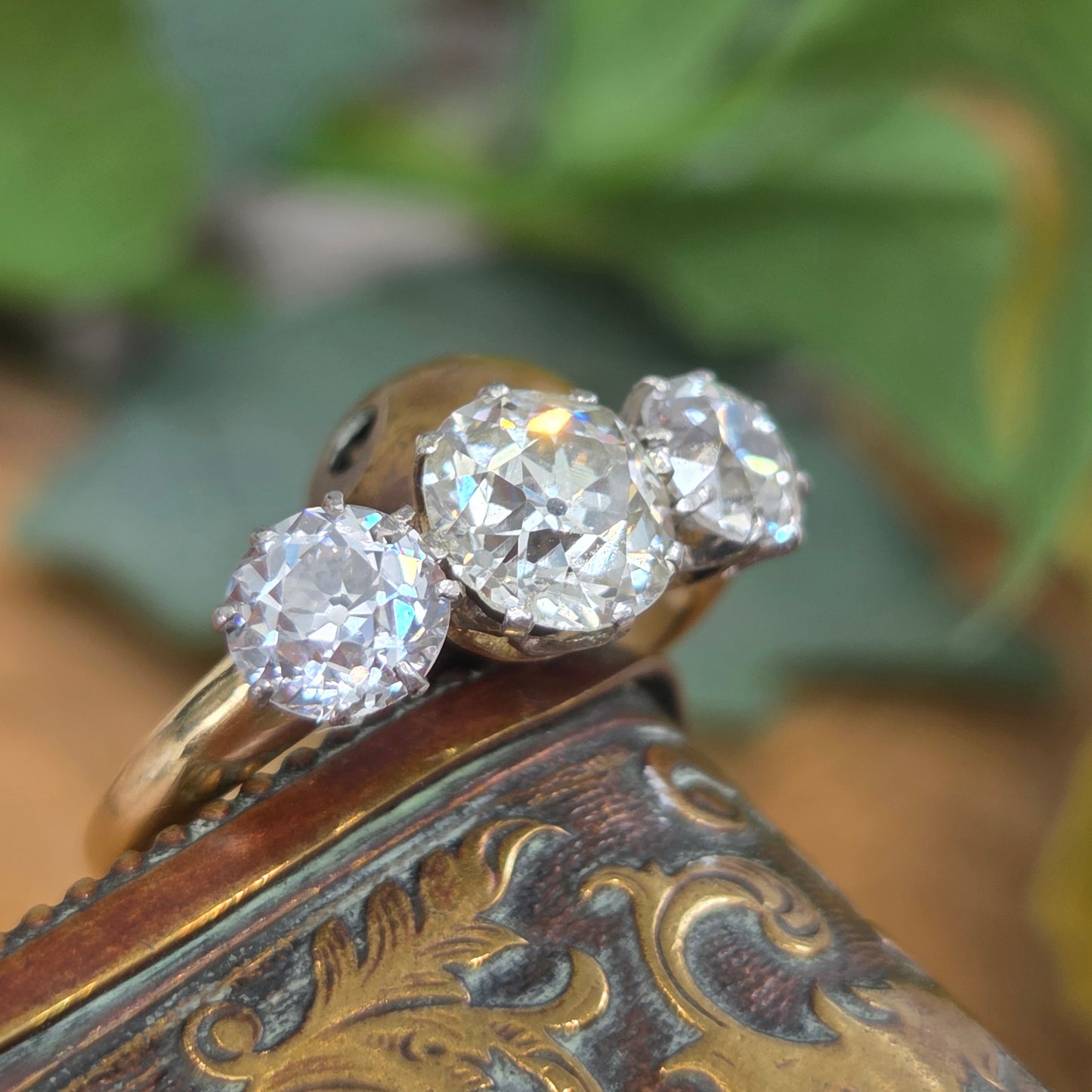 Antique Vintage Art Deco Old European Cut Diamond Trilogy Engagement Ring, 3.20 carats
