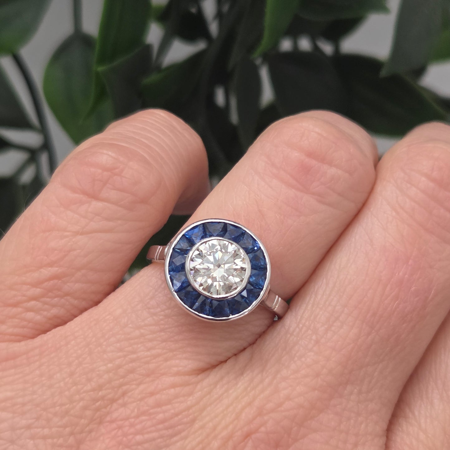 1.21ct Diamond and Calibre Sapphire Target Engagement Ring