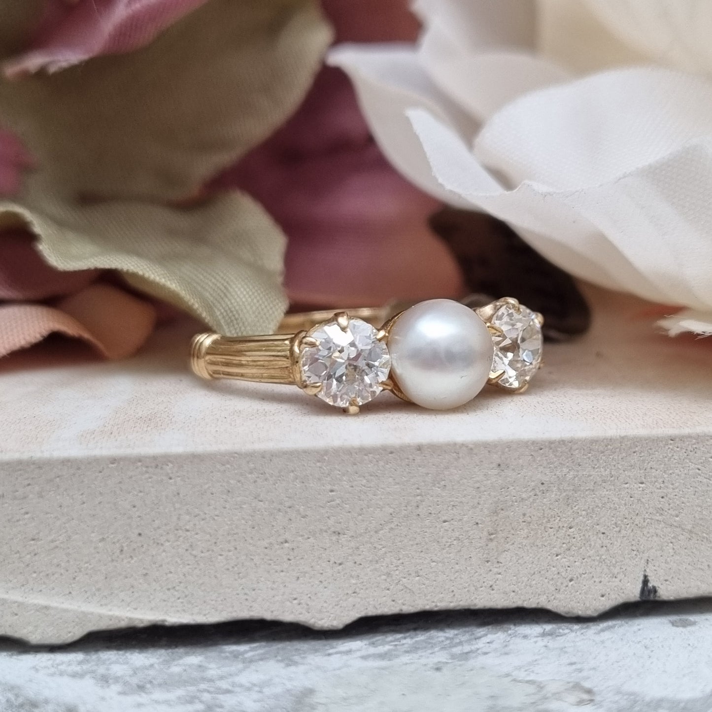 Victorian Antique Natural Pearl and Old Cut Diamond Three Stone Engagement Ring in 18ct Yellow Gold