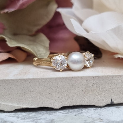 Victorian Antique Natural Pearl and Old Cut Diamond Three Stone Engagement Ring in 18ct Yellow Gold