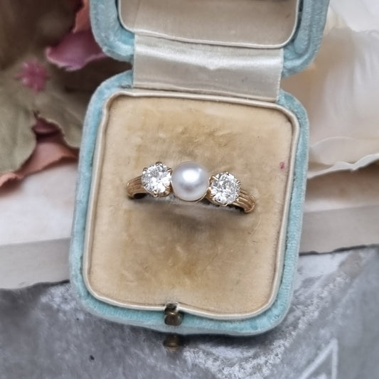 Victorian Antique Natural Pearl and Old Cut Diamond Three Stone Engagement Ring in 18ct Yellow Gold