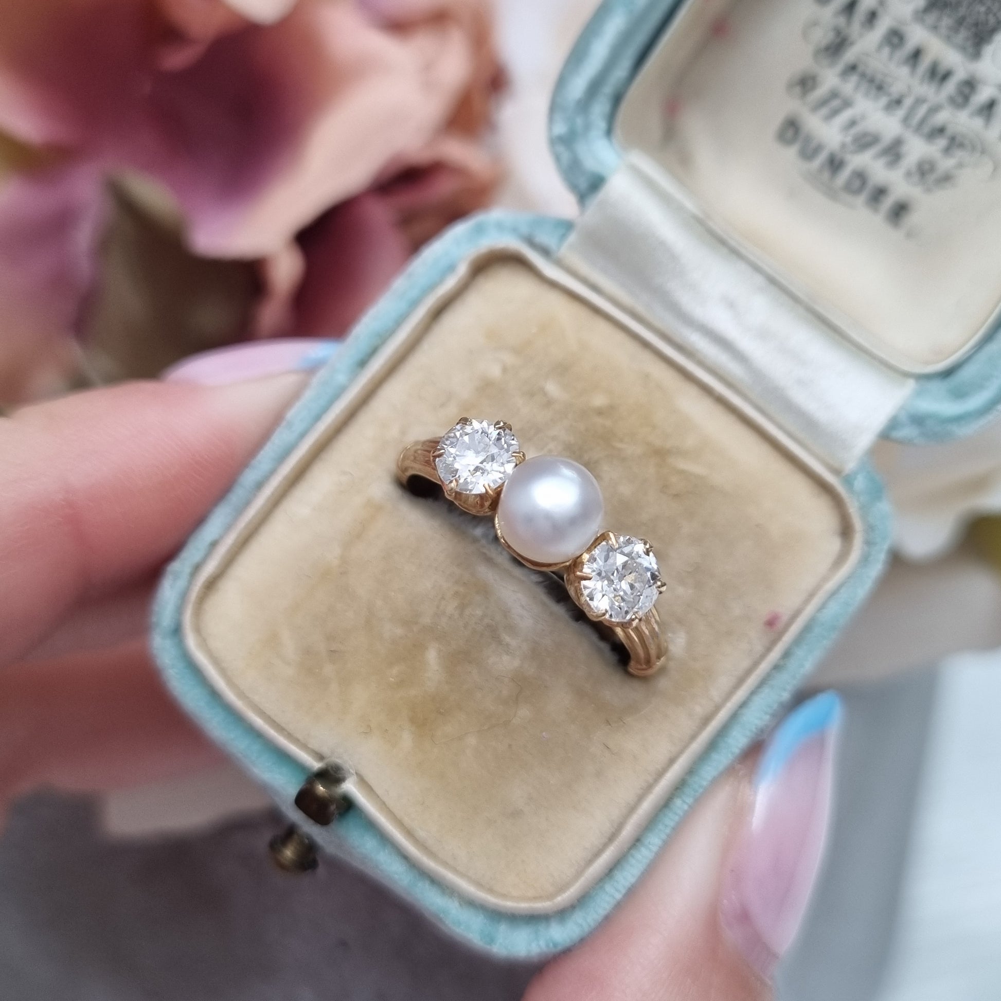 Victorian Antique Natural Pearl and Old Cut Diamond Three Stone Engagement Ring in 18ct Yellow Gold