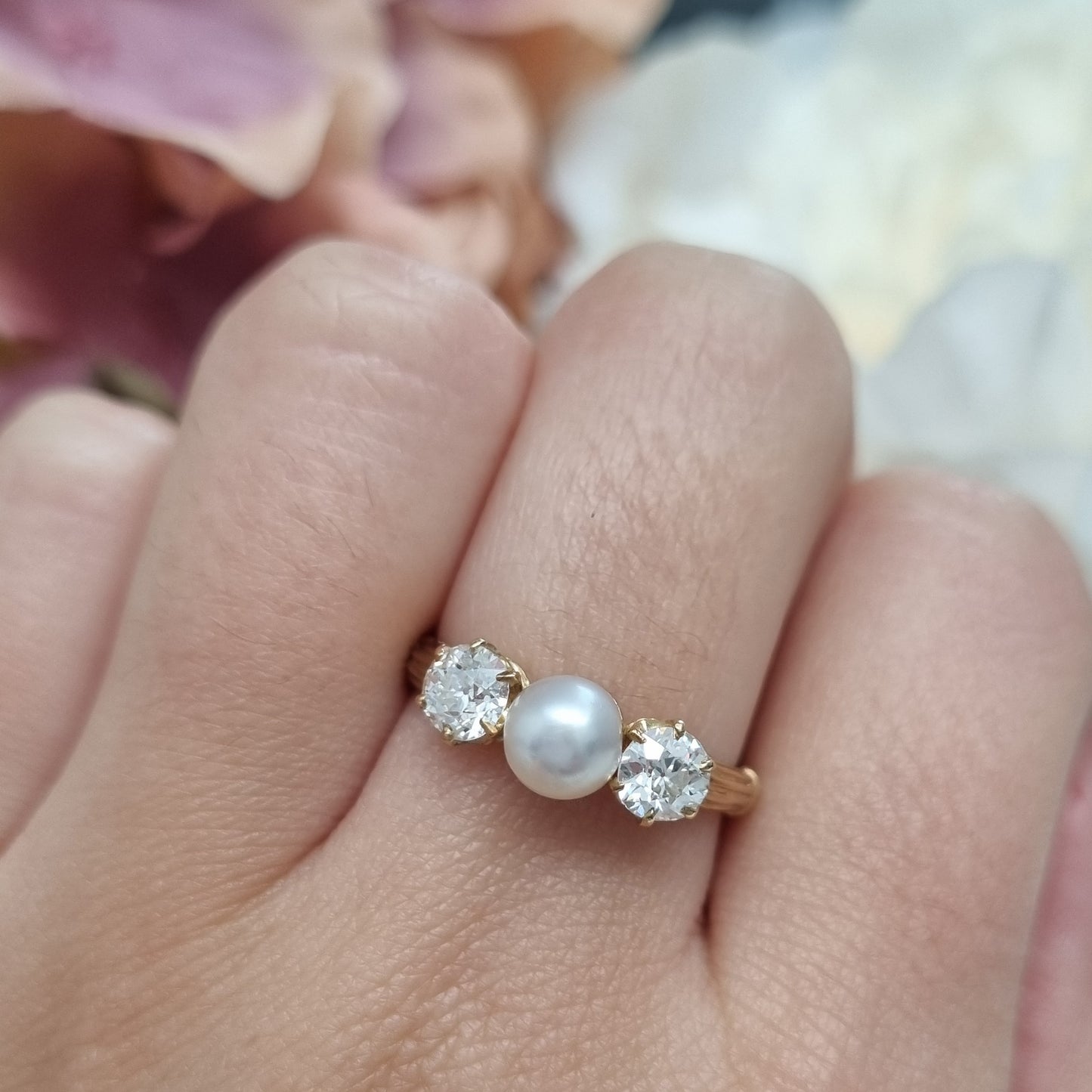 Victorian Antique Natural Pearl and Old Cut Diamond Three Stone Engagement Ring in 18ct Yellow Gold