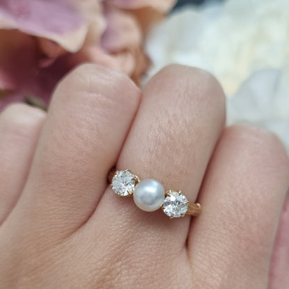 Victorian Antique Natural Pearl and Old Cut Diamond Three Stone Engagement Ring in 18ct Yellow Gold
