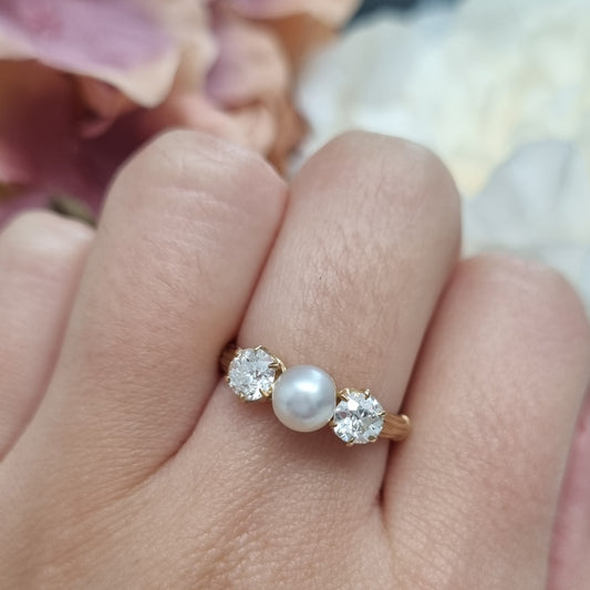 Victorian Antique Natural Pearl and Old Cut Diamond Three Stone Engagement Ring in 18ct Yellow Gold