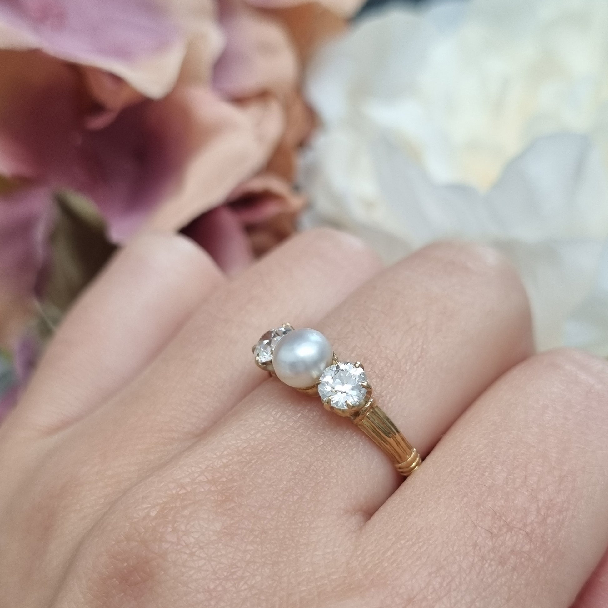 Victorian Antique Natural Pearl and Old Cut Diamond Three Stone Engagement Ring in 18ct Yellow Gold