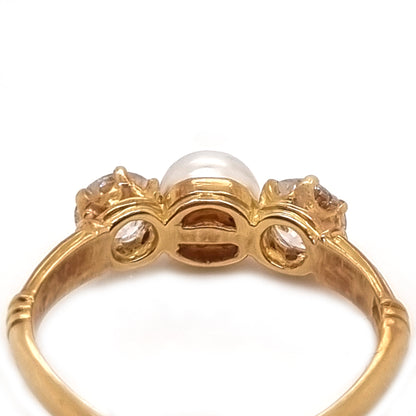 Victorian Antique Natural Pearl and Old Cut Diamond Three Stone Engagement Ring