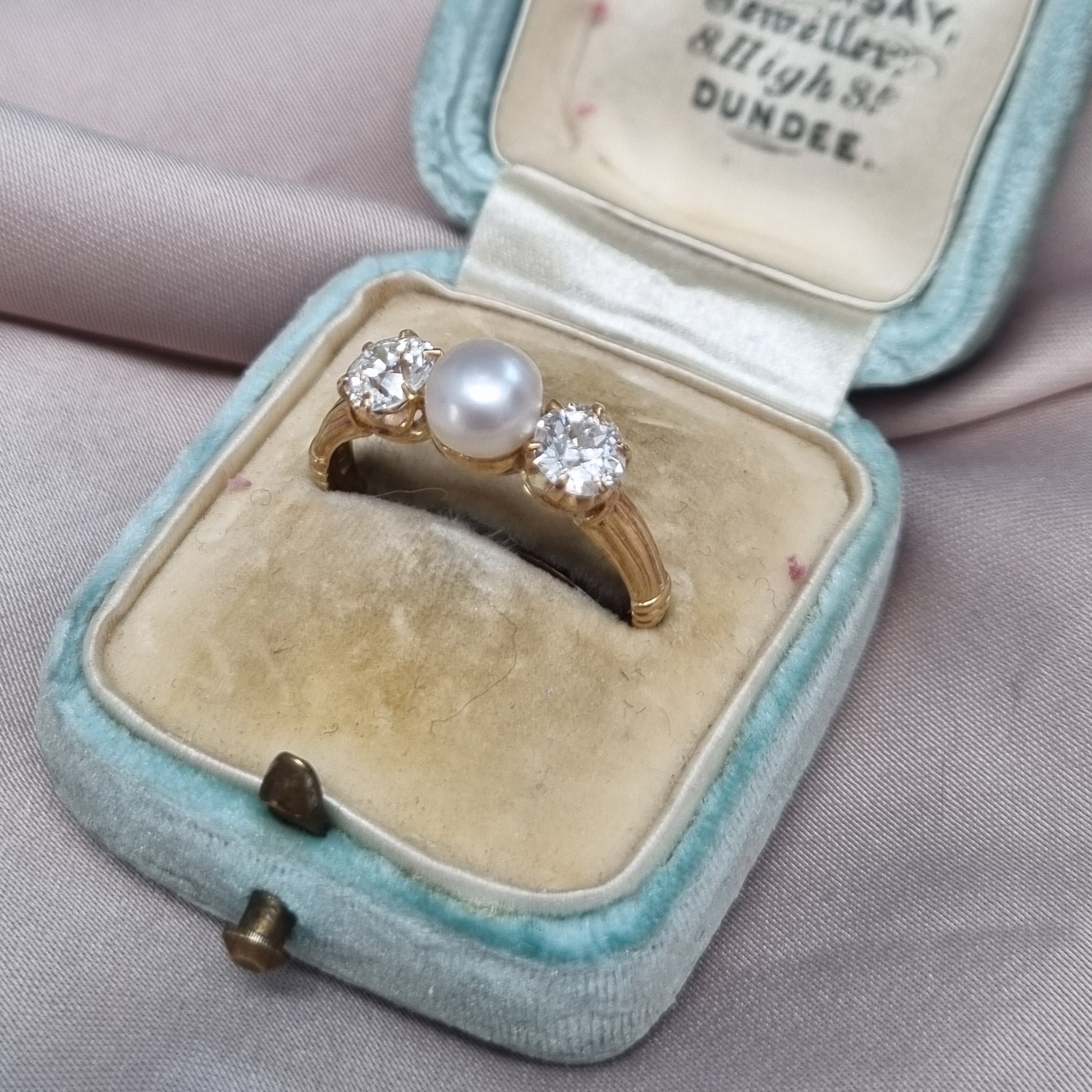 Victorian Antique Natural Pearl and Old Cut Diamond Three Stone Engagement Ring in 18ct Yellow Gold