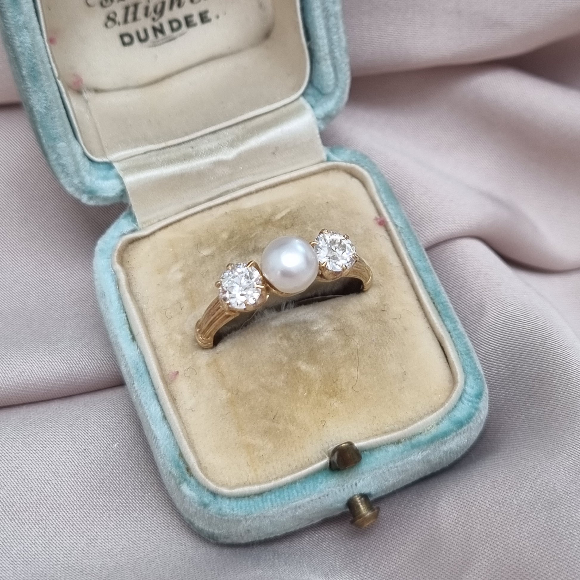 Victorian Antique Natural Pearl and Old Cut Diamond Three Stone Engagement Ring in 18ct Yellow Gold