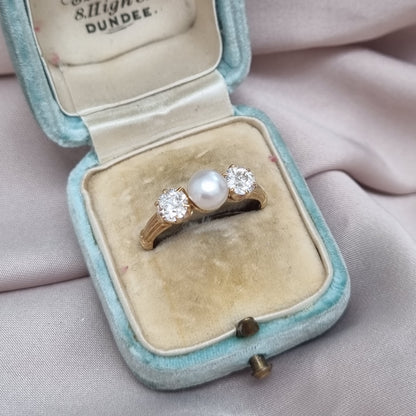 Victorian Antique Natural Pearl and Old Cut Diamond Three Stone Engagement Ring in 18ct Yellow Gold