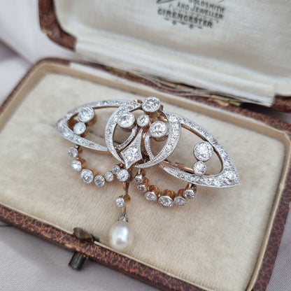 Antique Art Nouveau 2.5ct Old Cut Diamond and Natural Pearl Pendant Brooch
