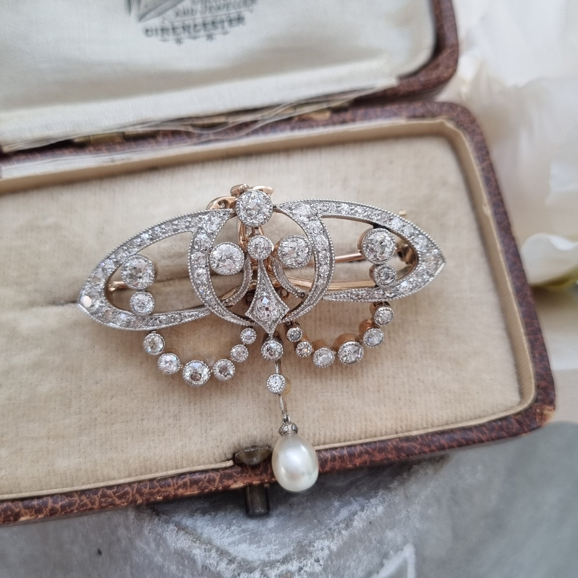 Antique Art Nouveau 2.5ct Old Cut Diamond and Natural Pearl Pendant Brooch