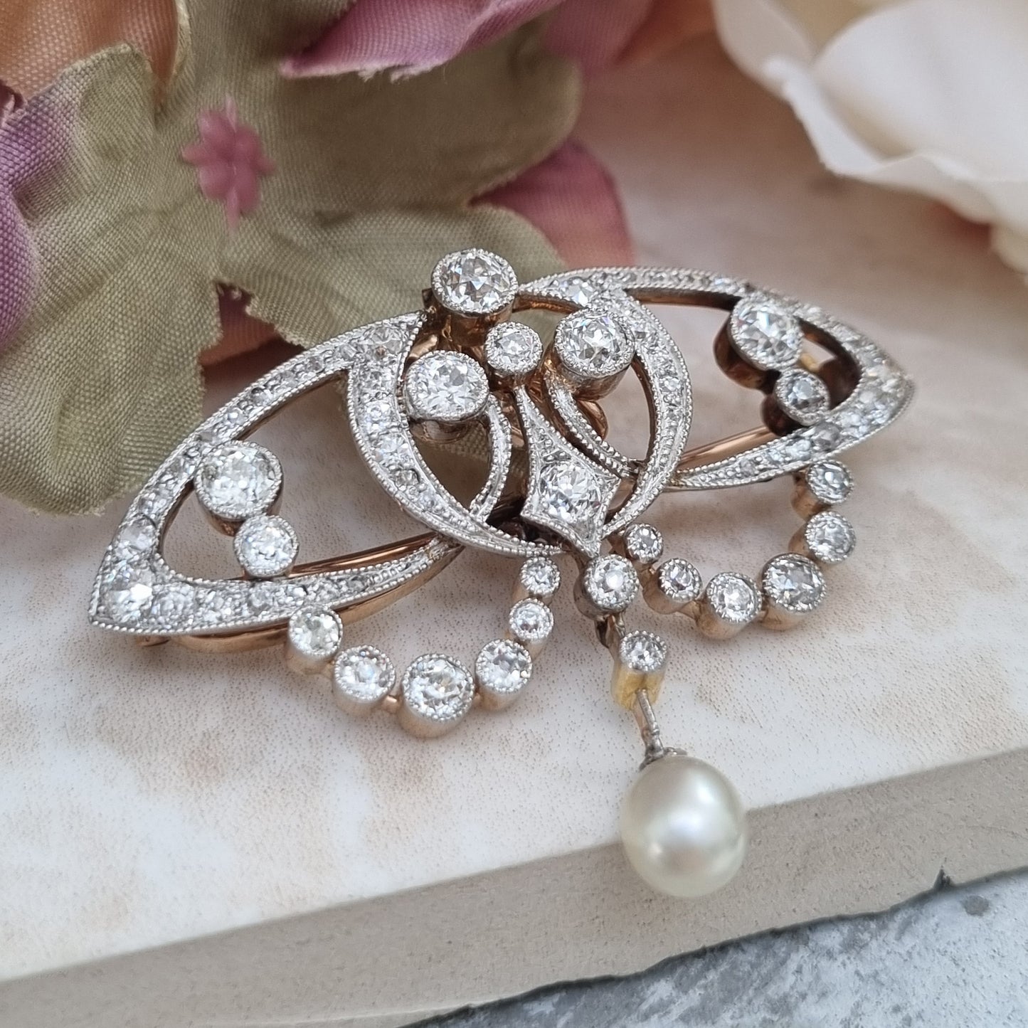 Antique Art Nouveau 2.5ct Old Cut Diamond and Natural Pearl Pendant Brooch