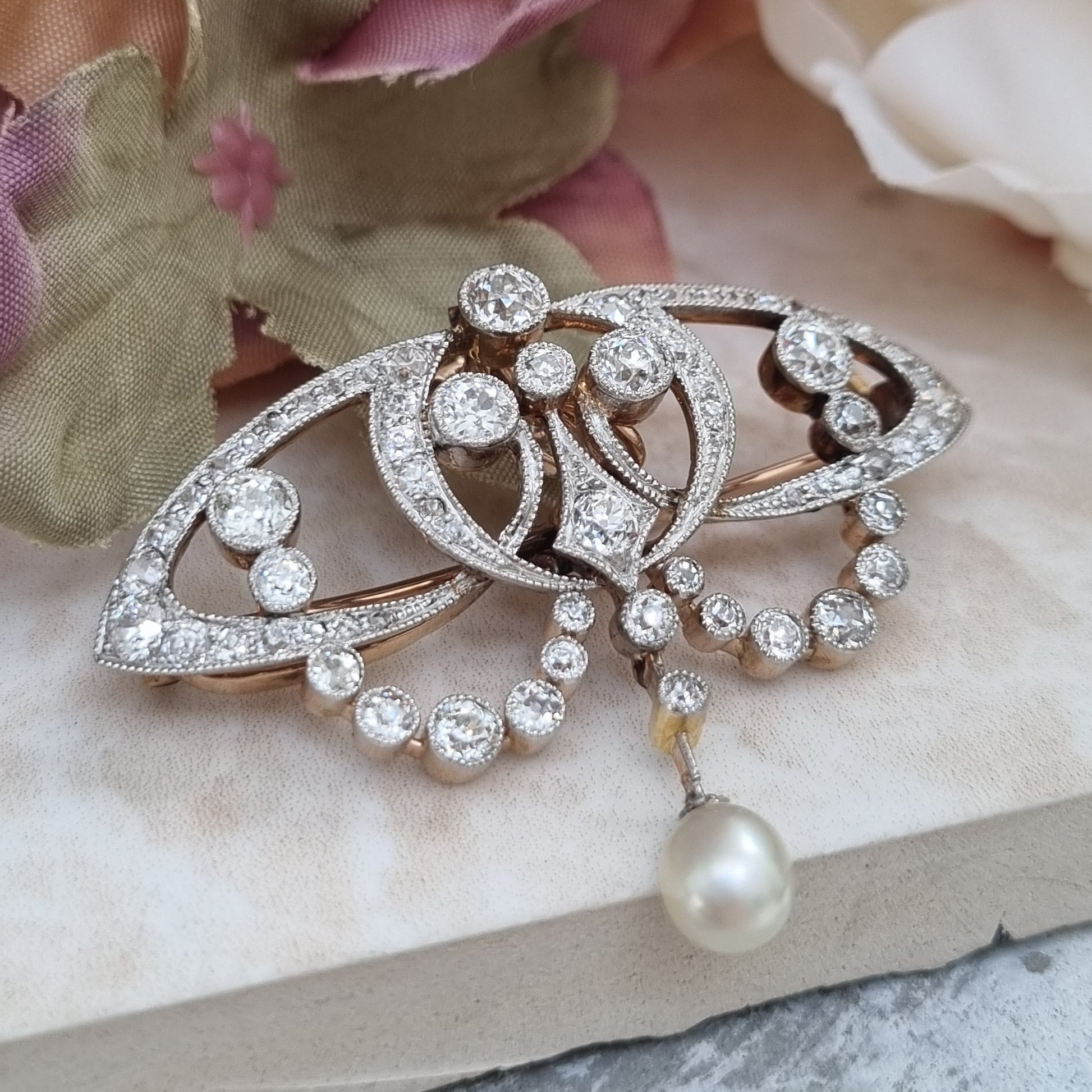 Antique Art Nouveau 2.5ct Old Cut Diamond and Natural Pearl Pendant Brooch