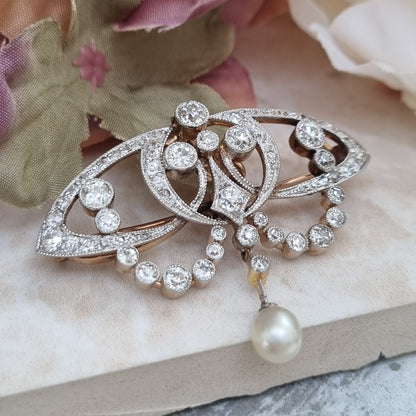 Antique Art Nouveau 2.5ct Old Cut Diamond and Natural Pearl Pendant Brooch