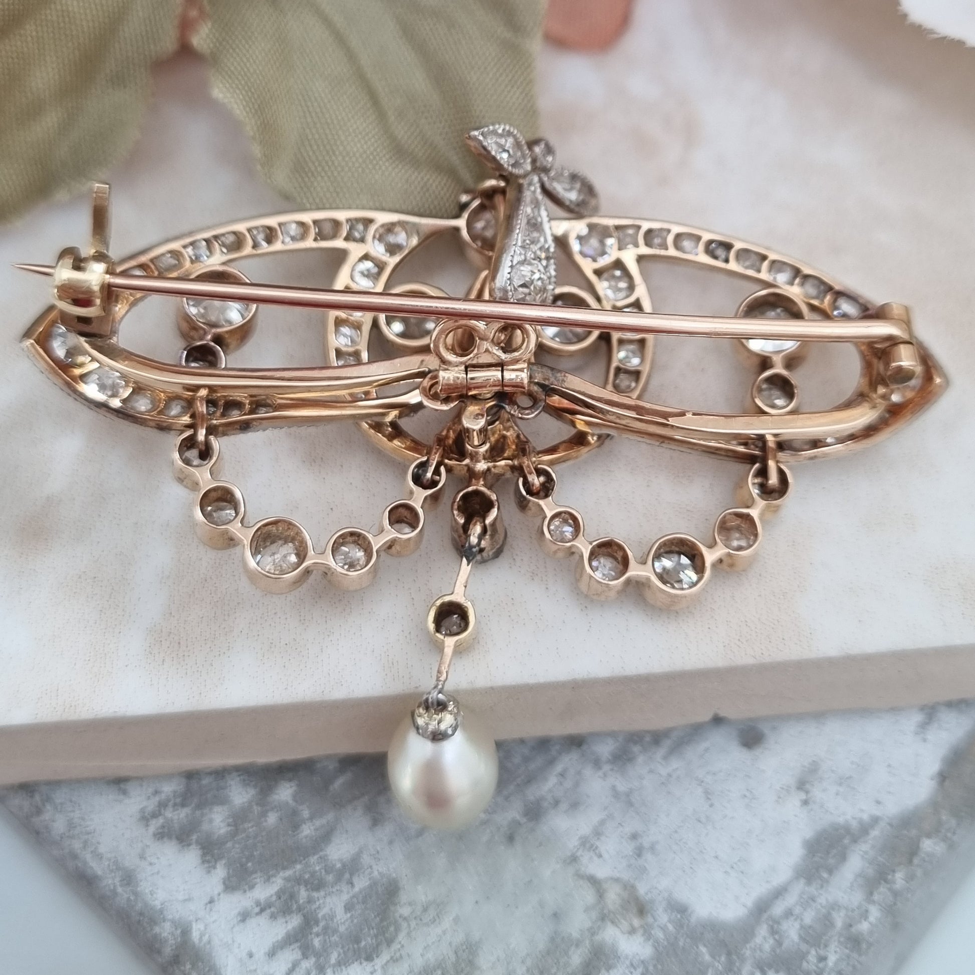 Antique Art Nouveau 2.5ct Old Cut Diamond and Natural Pearl Pendant Brooch
