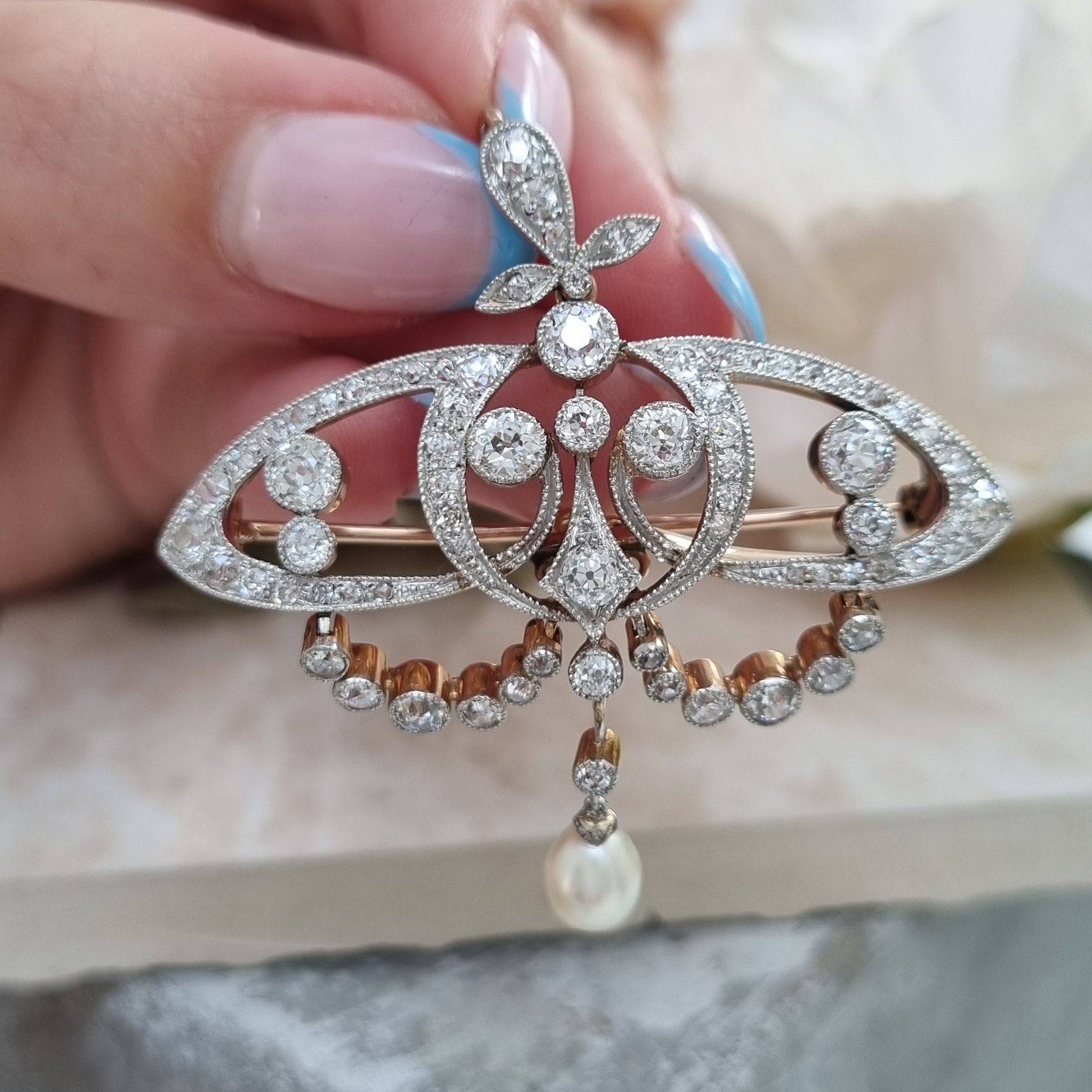 Antique Art Nouveau 2.5ct Old Cut Diamond and Natural Pearl Pendant Brooch