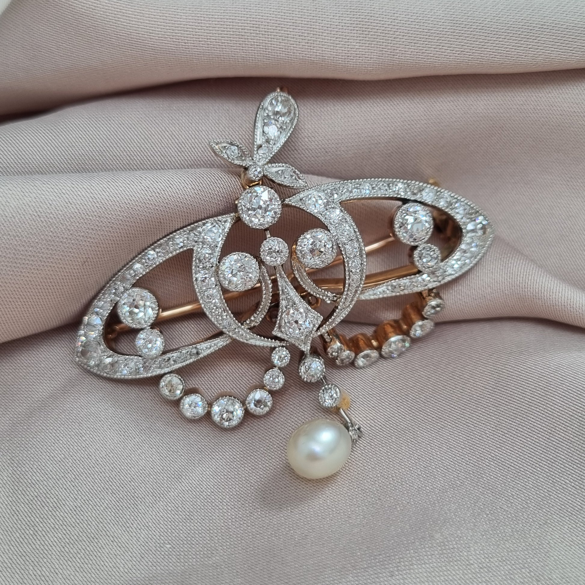 Antique Art Nouveau 2.5ct Old Cut Diamond and Natural Pearl Pendant Brooch