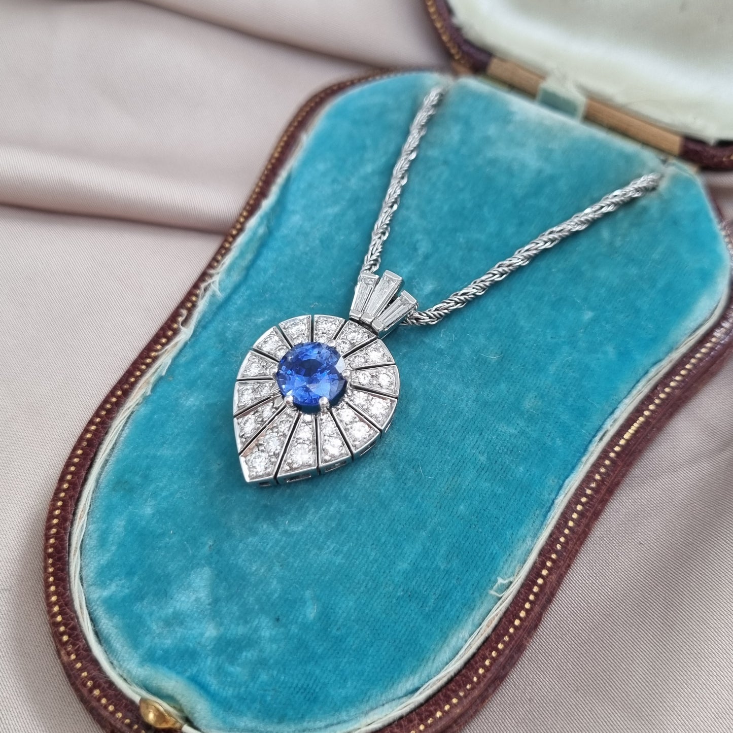 Art Deco Inspired Sapphire and Diamond Pear Shape Cluster Pendant