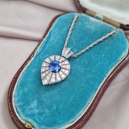 Art Deco Inspired Sapphire and Diamond Pear Shape Cluster Pendant