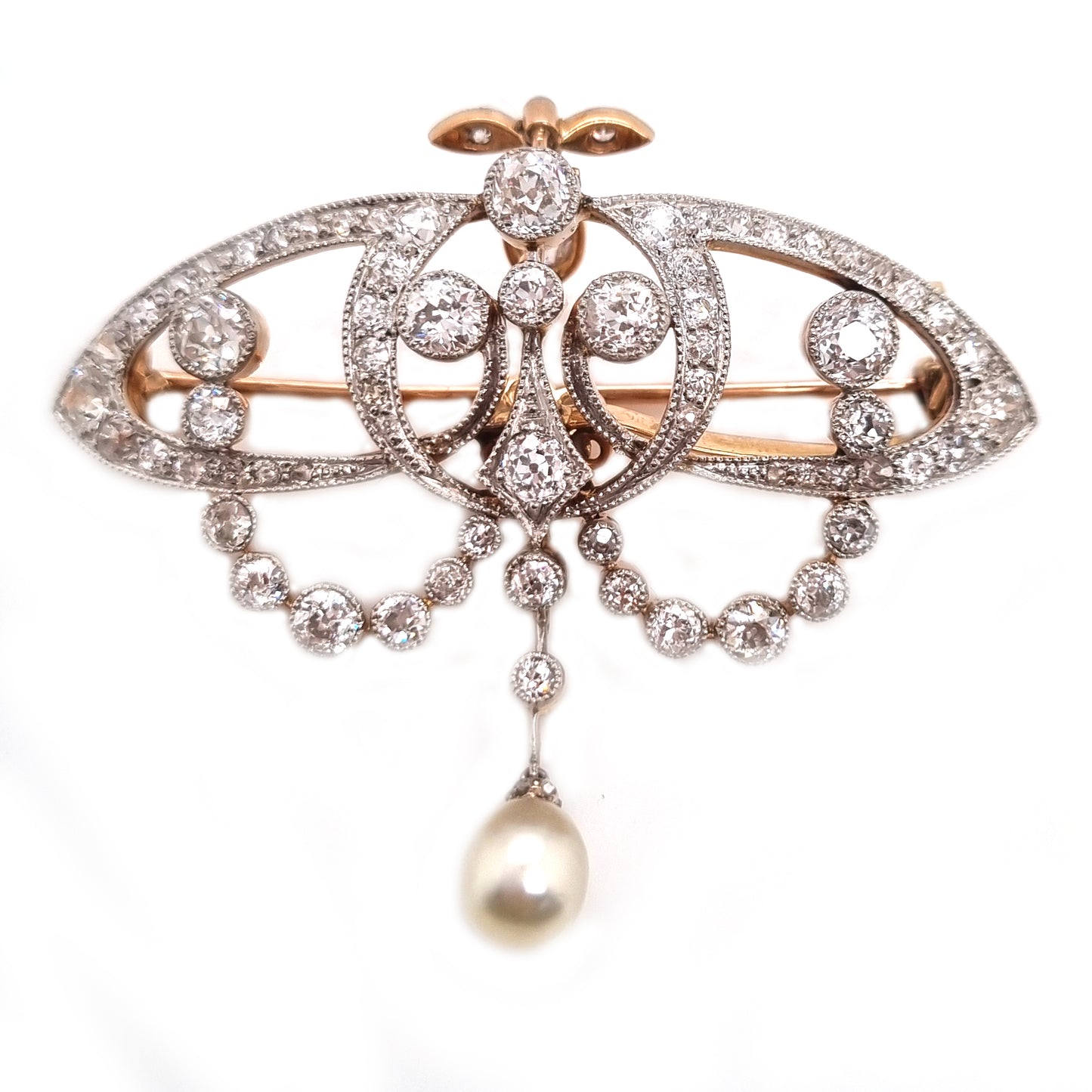 Antique Art Nouveau 2.5ct Old Cut Diamond and Natural Pearl Pendant Brooch
