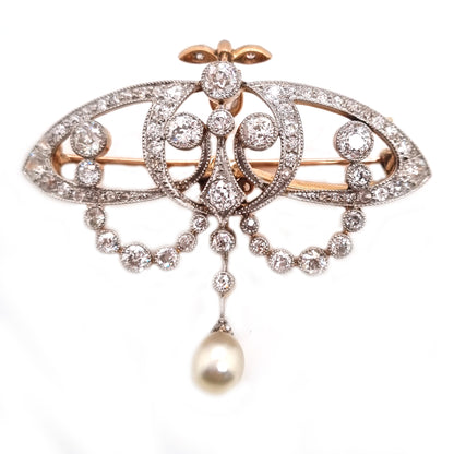 Antique Art Nouveau 2.5ct Old Cut Diamond and Natural Pearl Pendant Brooch