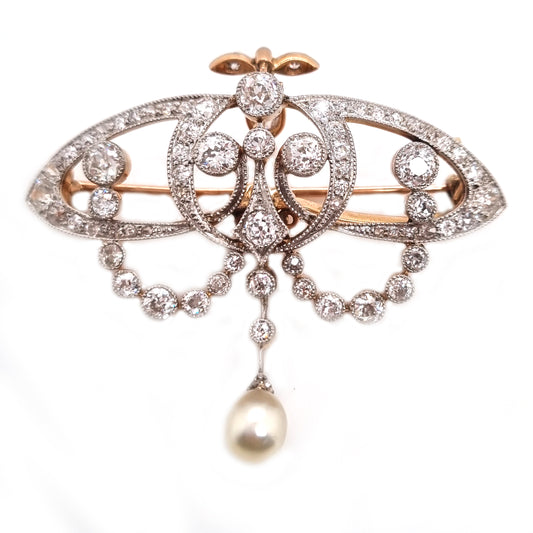 Antique Art Nouveau 2.5ct Old Cut Diamond and Natural Pearl Pendant Brooch