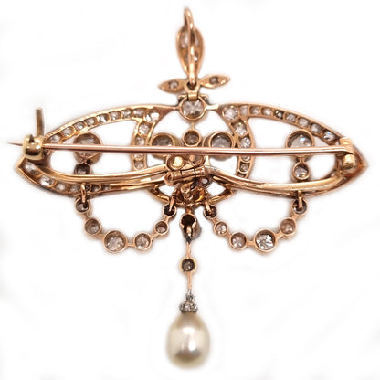 Antique Art Nouveau 2.5ct Old Cut Diamond and Natural Pearl Pendant Brooch