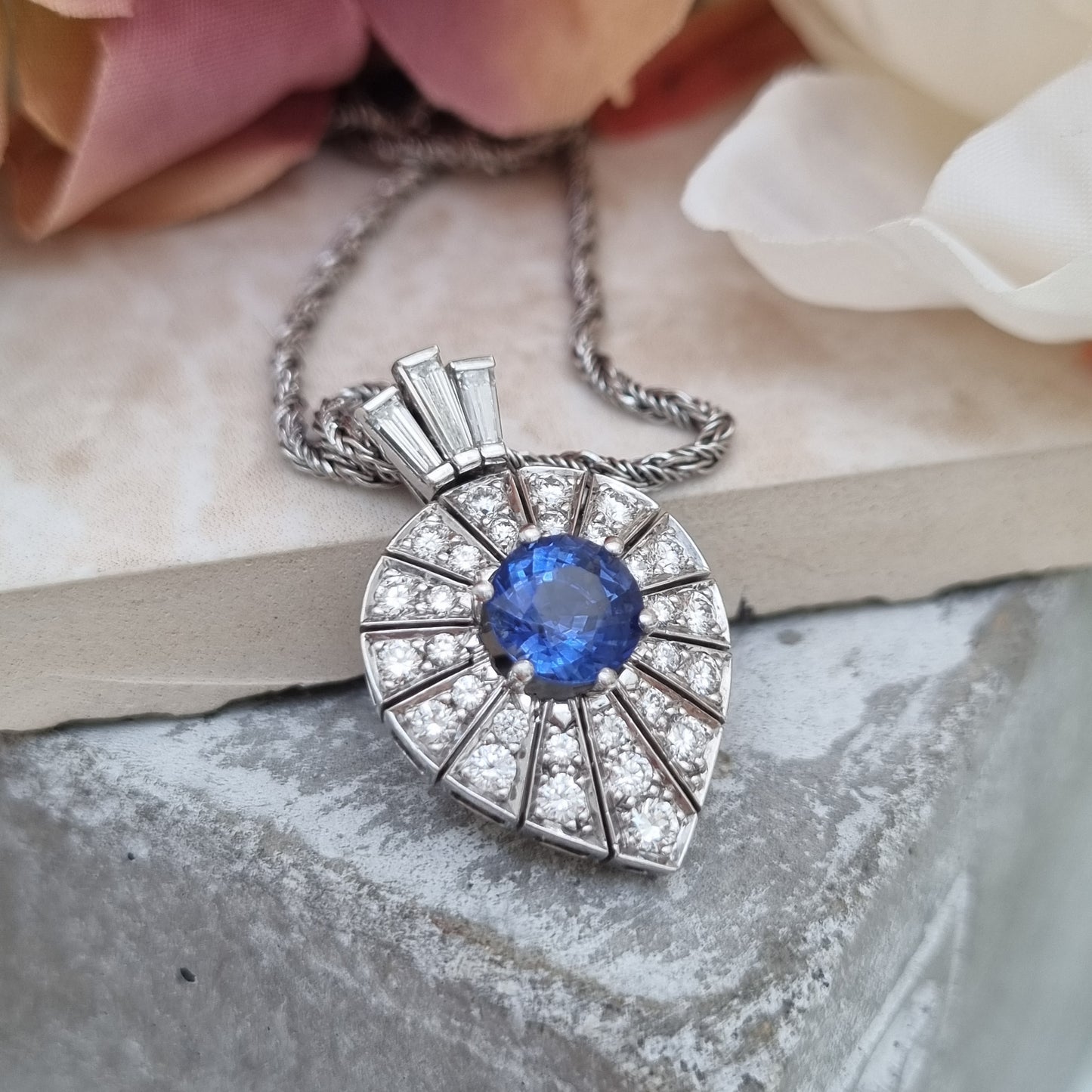 Art Deco Inspired Sapphire and Diamond Pear Shape Cluster Pendant