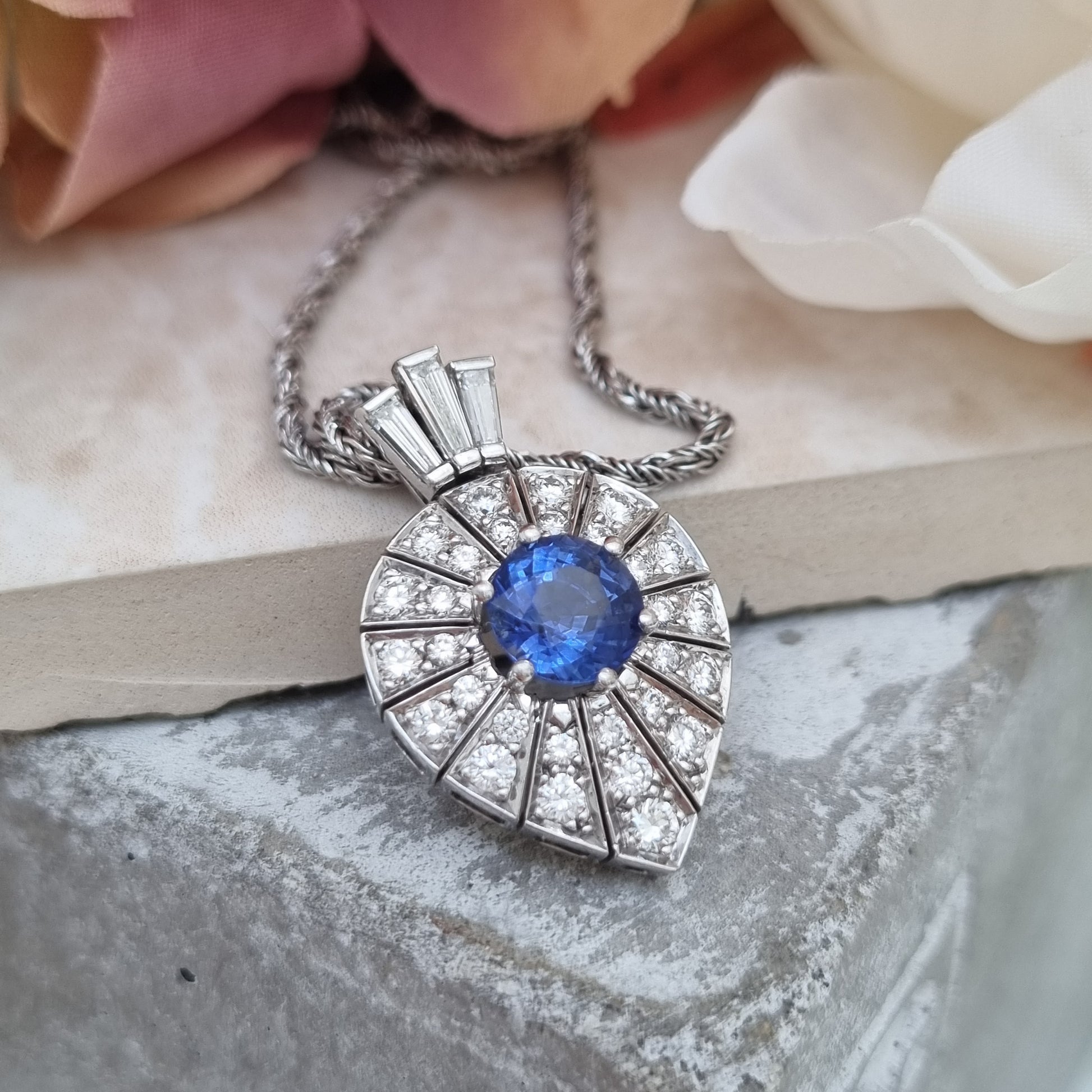 Art Deco Inspired Sapphire and Diamond Pear Shape Cluster Pendant