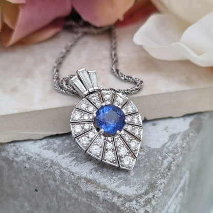 Art Deco Inspired Sapphire and Diamond Pear Shape Cluster Pendant