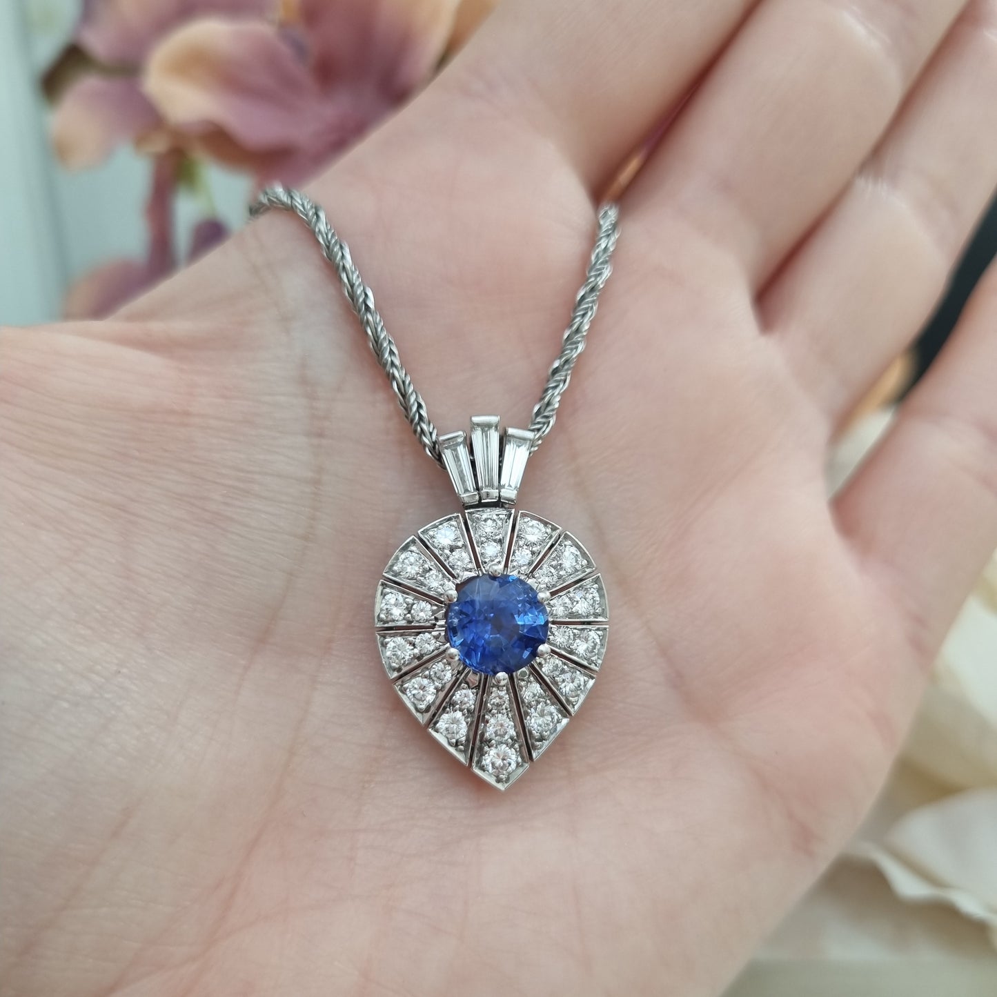 Art Deco Inspired Sapphire and Diamond Pear Shape Cluster Pendant