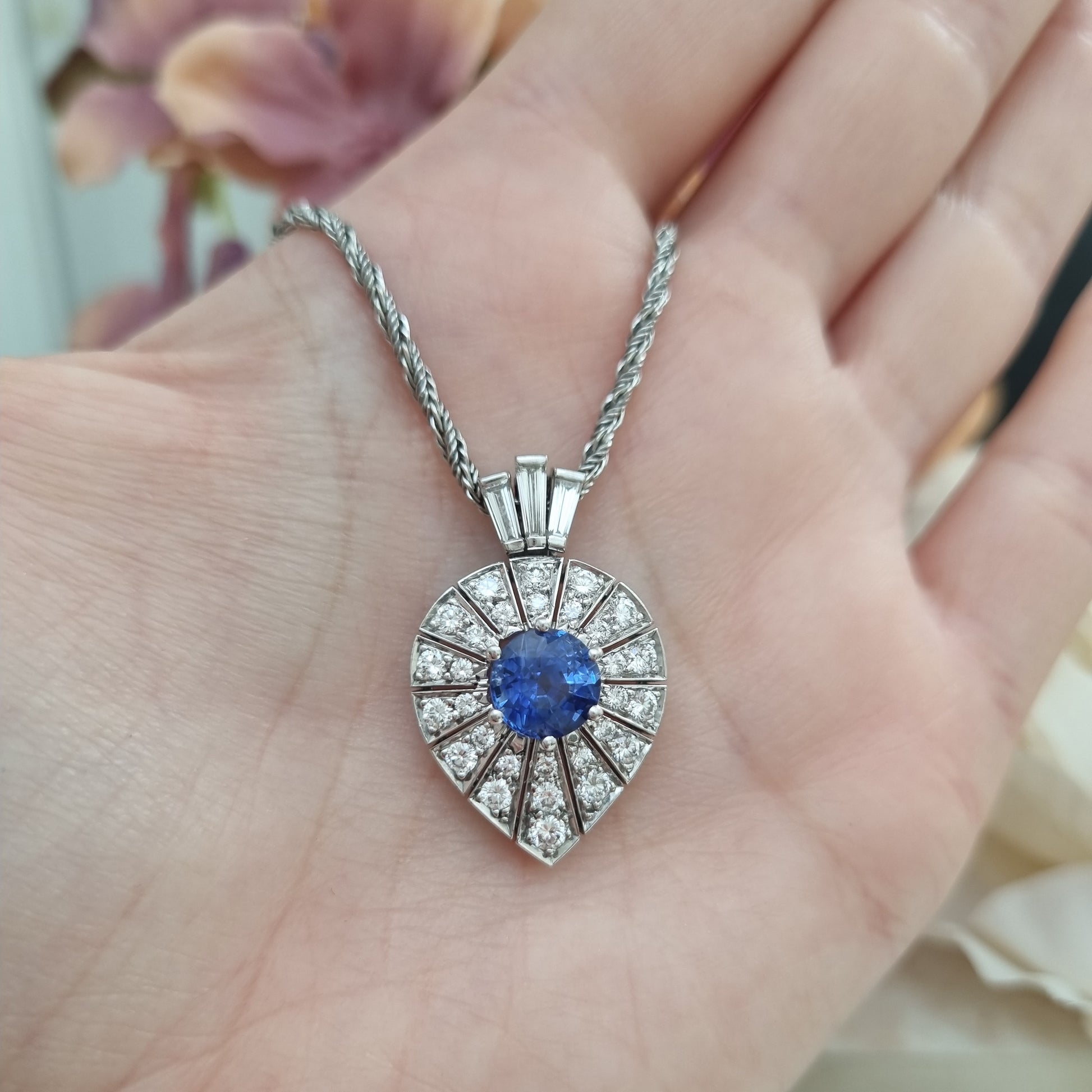 Art Deco Inspired Sapphire and Diamond Pear Shape Cluster Pendant