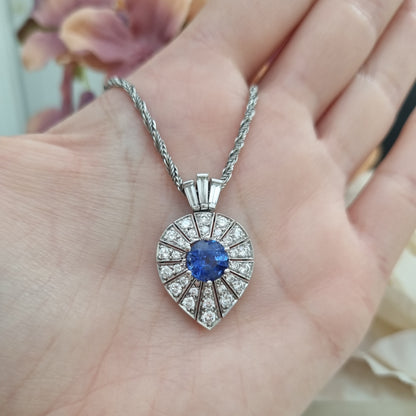 Art Deco Inspired Sapphire and Diamond Pear Shape Cluster Pendant