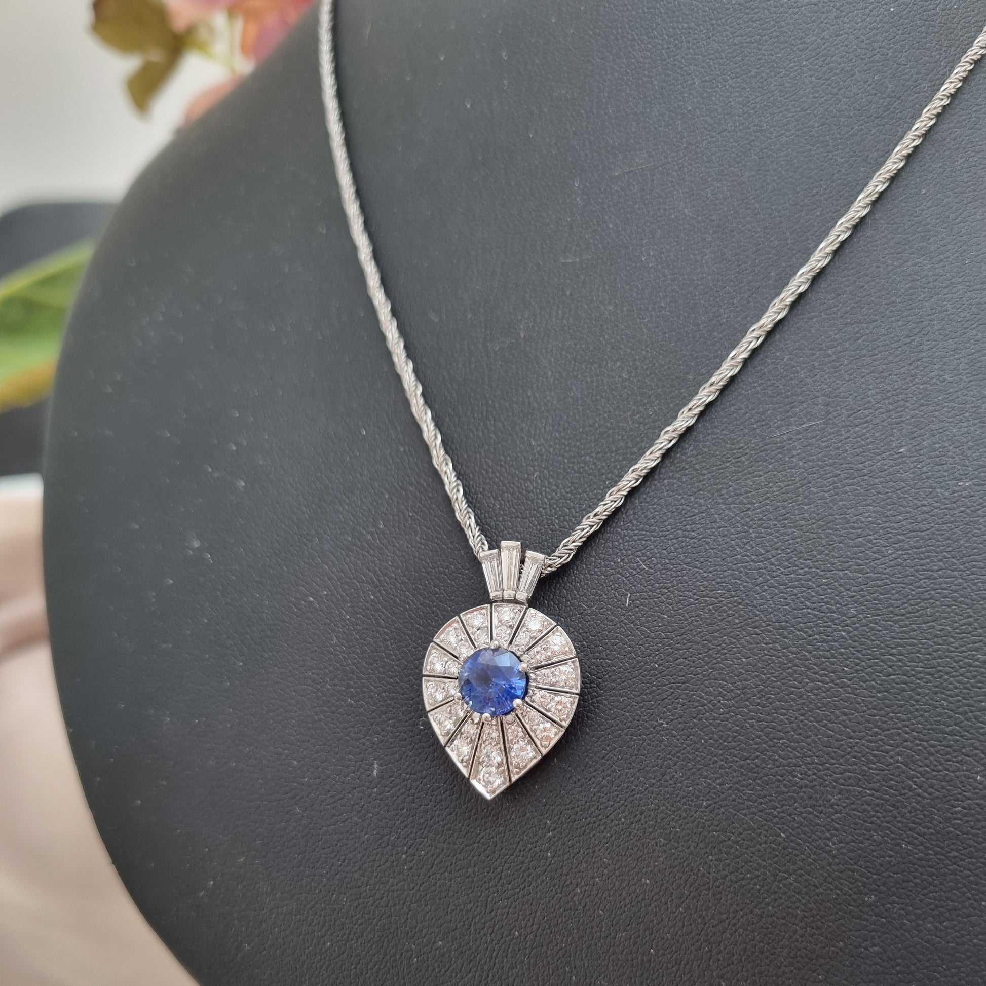 Art Deco Inspired Sapphire and Diamond Pear Shape Cluster Pendant