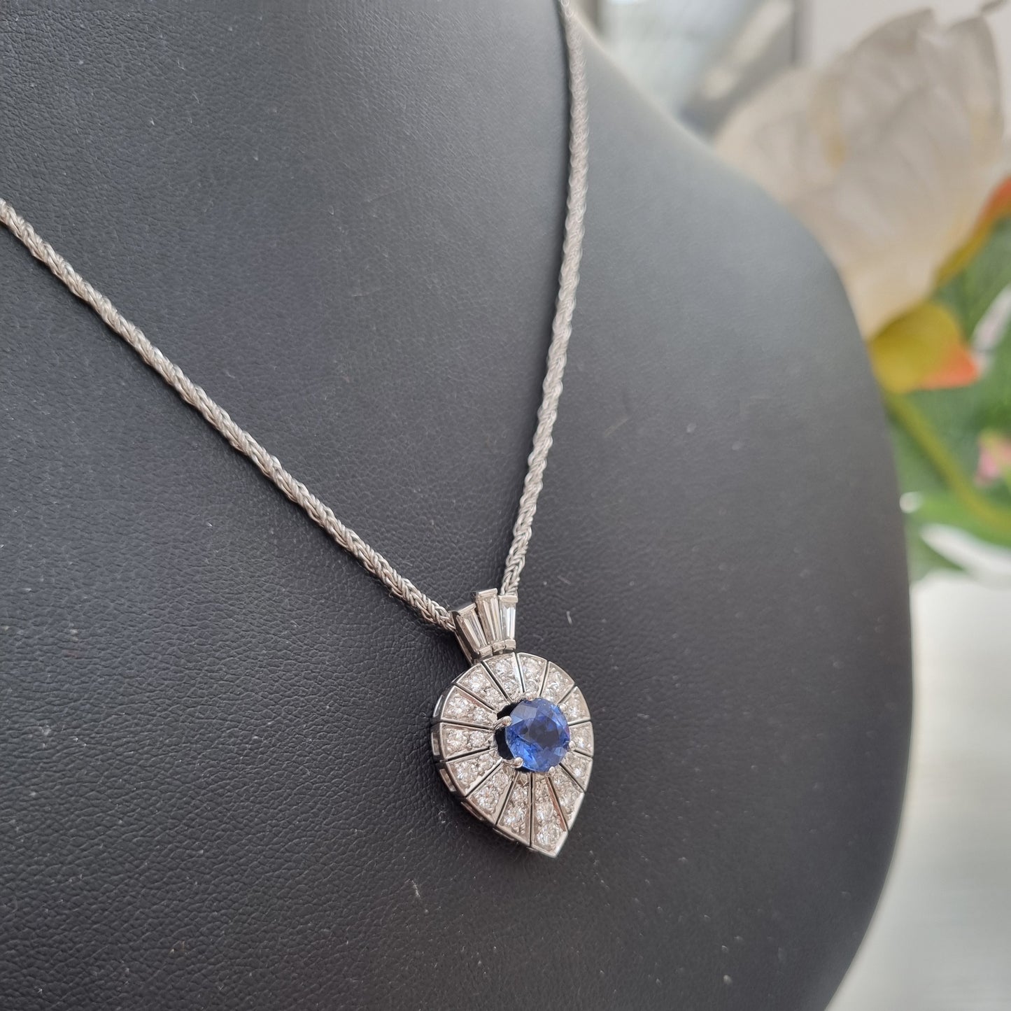 Art Deco Inspired Sapphire and Diamond Pear Shape Cluster Pendant