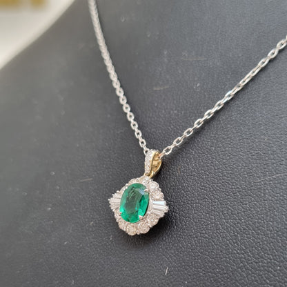 1.27ct Oval Emerald and Diamond Pendant with Chain