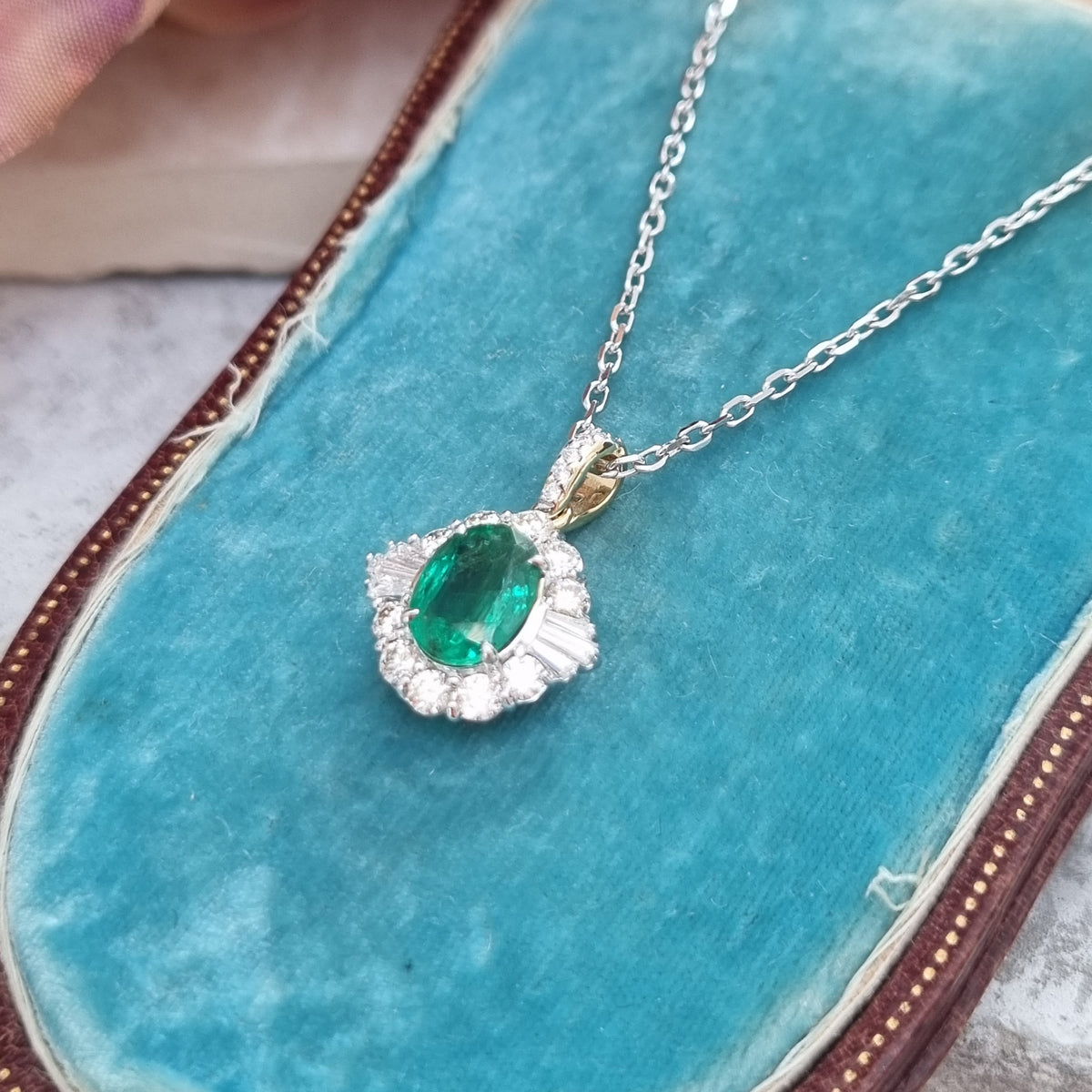 1.27ct Oval Emerald and Diamond Pendant with Chain