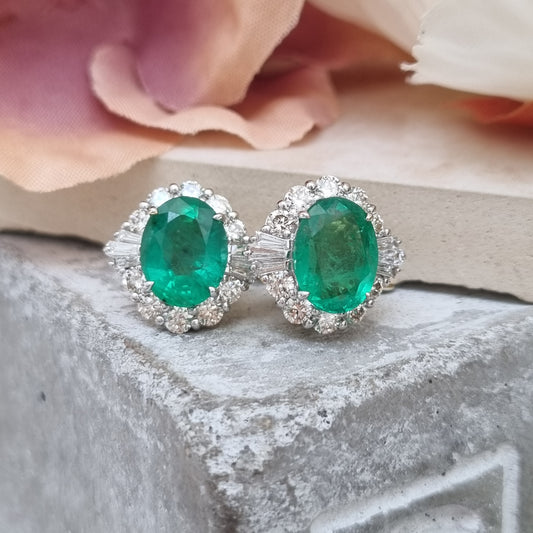 3.61ct Oval Emerald and Diamond Cluster Stud Earrings in 18ct Gold