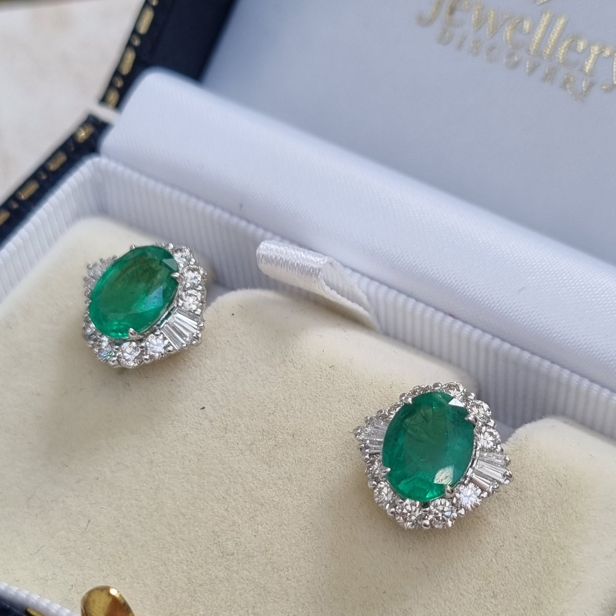 3.61ct Oval Emerald and Diamond Cluster Stud Earrings in 18ct Gold