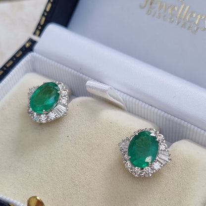 3.61ct Oval Emerald and Diamond Cluster Stud Earrings in 18ct Gold