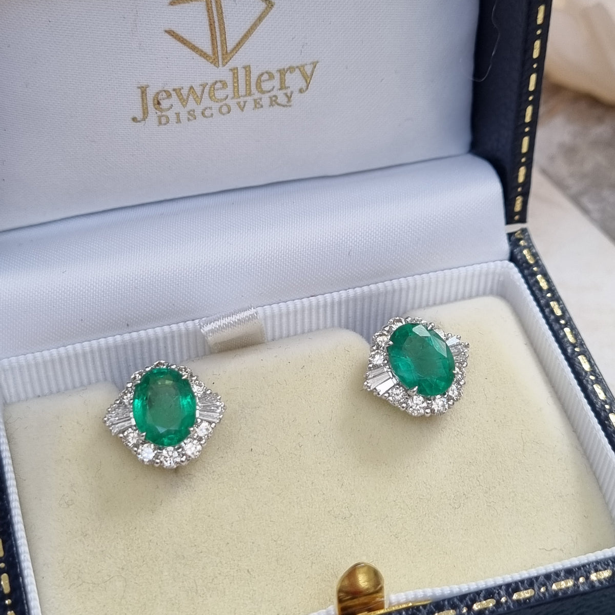 3.61ct Oval Emerald and Diamond Cluster Stud Earrings in 18ct Gold